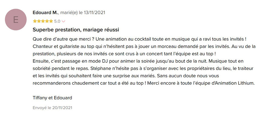 avis des mariés sur animation lithium