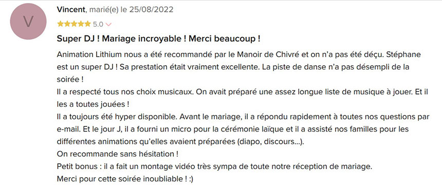 avis des mariés sur animation lithium